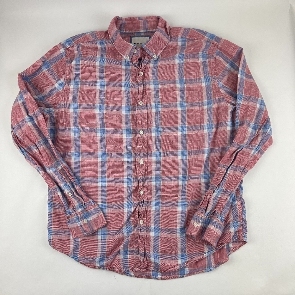 American Eagle Button Down Shirt Girls Large Pink Plaid Long Sleeve Pocket